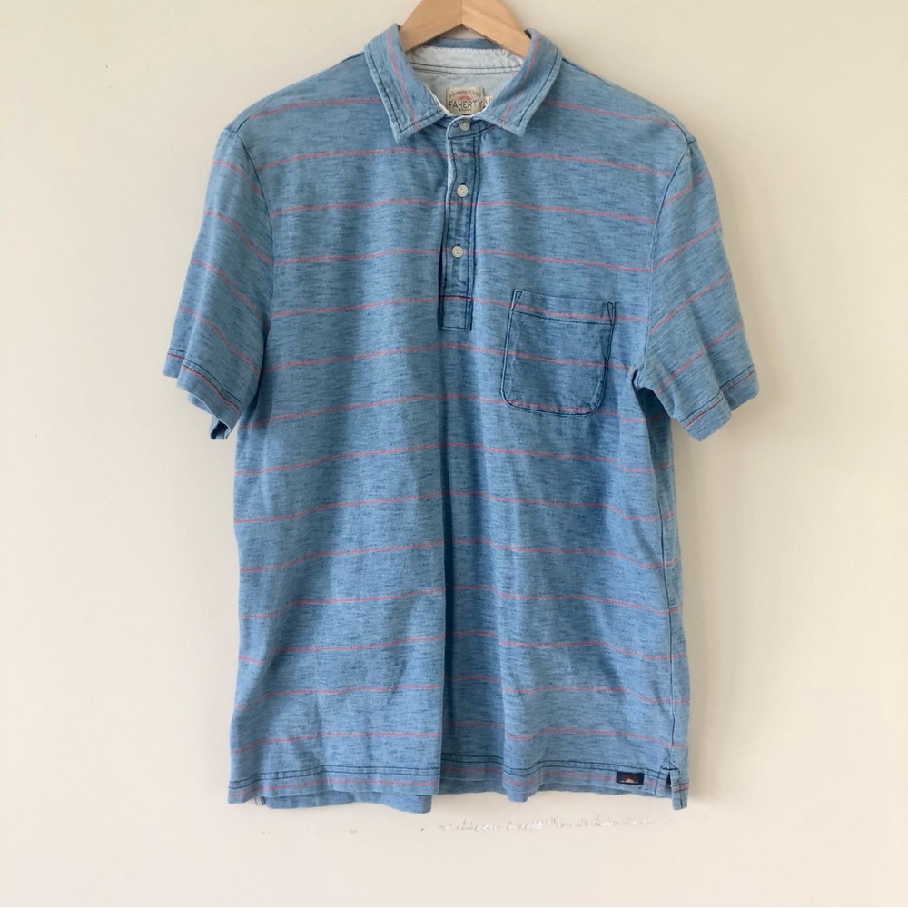 Faherty Polo Shirt Mens Large Blue Striped Short Sleeve Surf Beach Aloha